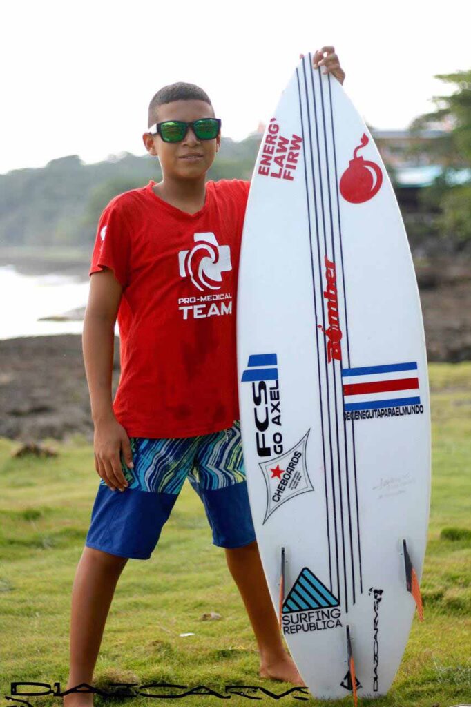 ¡Nuevo contenido del equipo próximamente! 28 Bomber Floating Eyewear Latin America Equipo con gafas de sol mientras posa con su tabla de surf en Hermosa Costa Rica